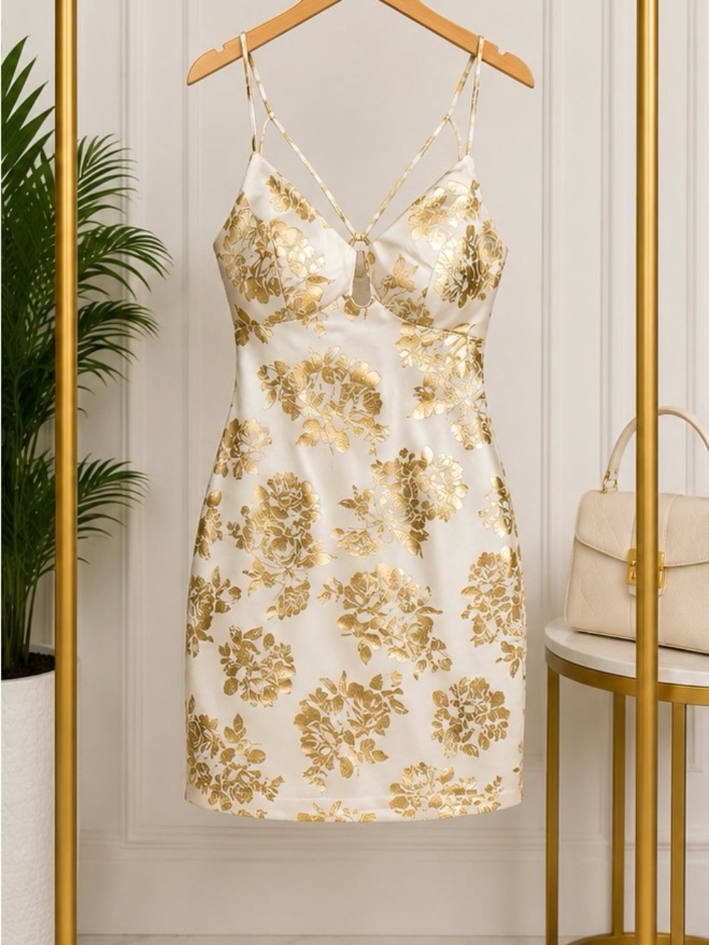 B Darlin White Satin Mini Dress with Gold Floral Foil